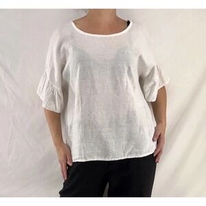 Elena Baldi White 100% Linen Top L Minimalist Lagenlook Italy Made Ruffle Sleeve